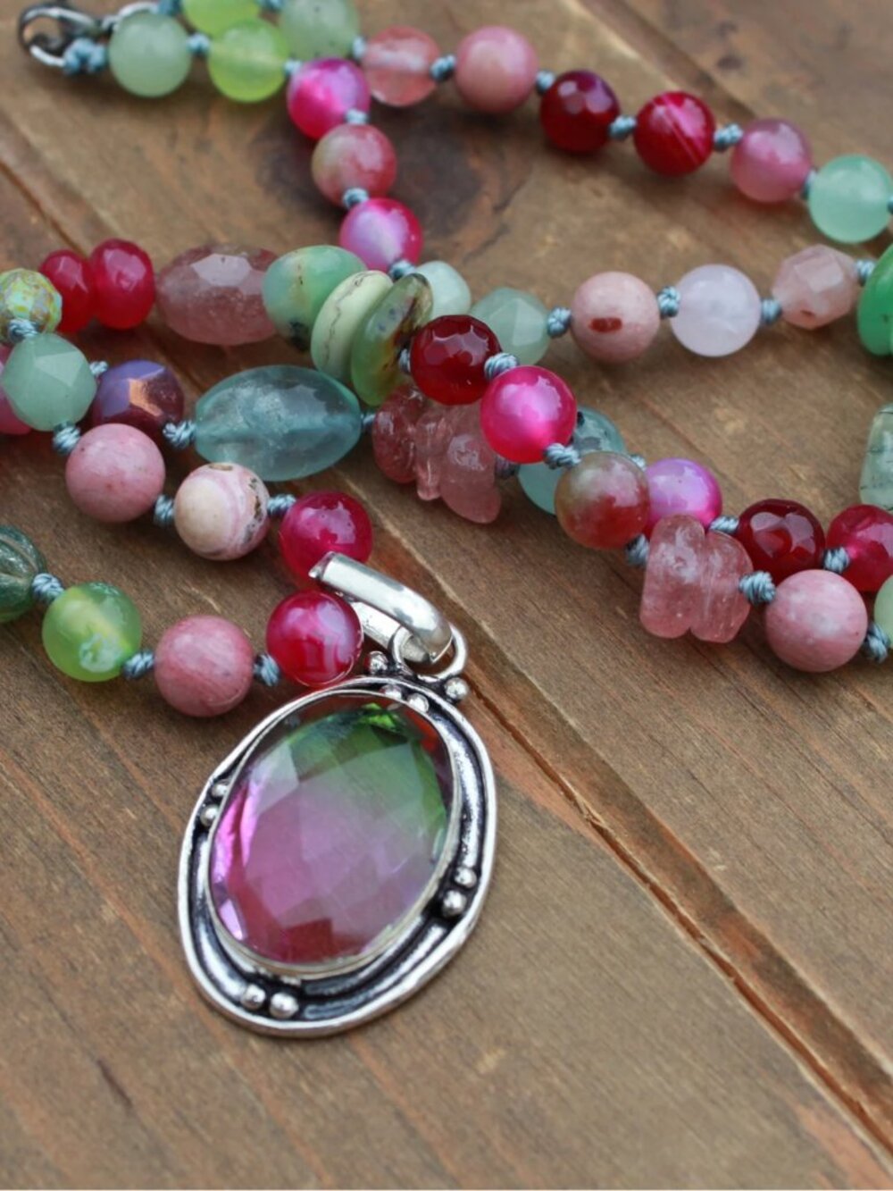 Beaded Gemstone Necklace in Pink and Green with Tourmaline Pendant - Picture 4 of 7